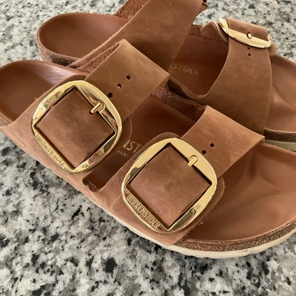 Birkenstock Brown Leather Double Buckle Sandals with Gold Buckles - Picture 3 of 9